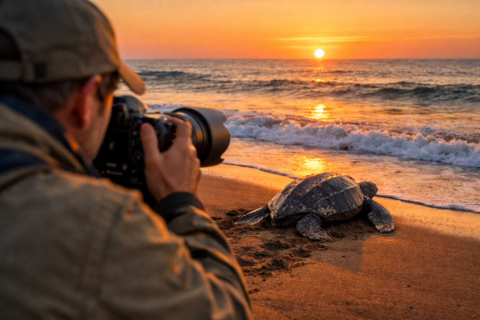 A photographer documenting a Pacific leatherback sea turtle for a zoo imagery conservation campaign.
