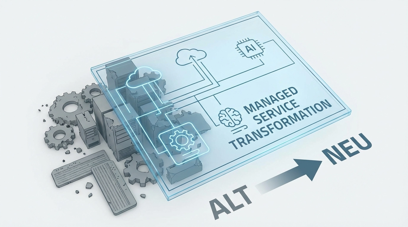 Symbolische Darstellung einer Managed-Service-Transformation: Moderner IT-Bauplan über ein bestehendes Alt-System, im minimalistischen Business-Stil, ohne Branchenbezug.