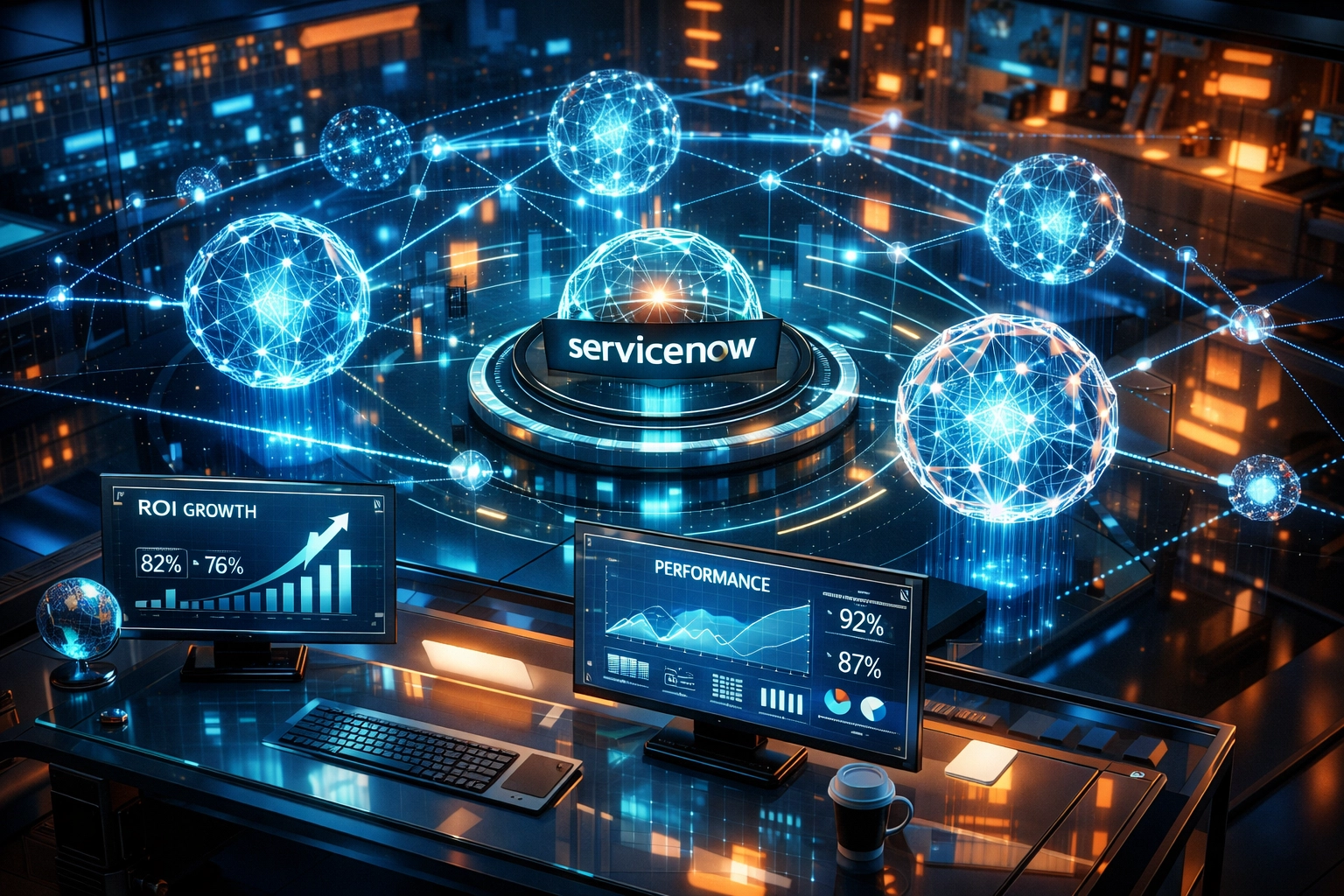 ServiceNow Agentic AI platform visualization showing autonomous agents and ROI performance dashboards