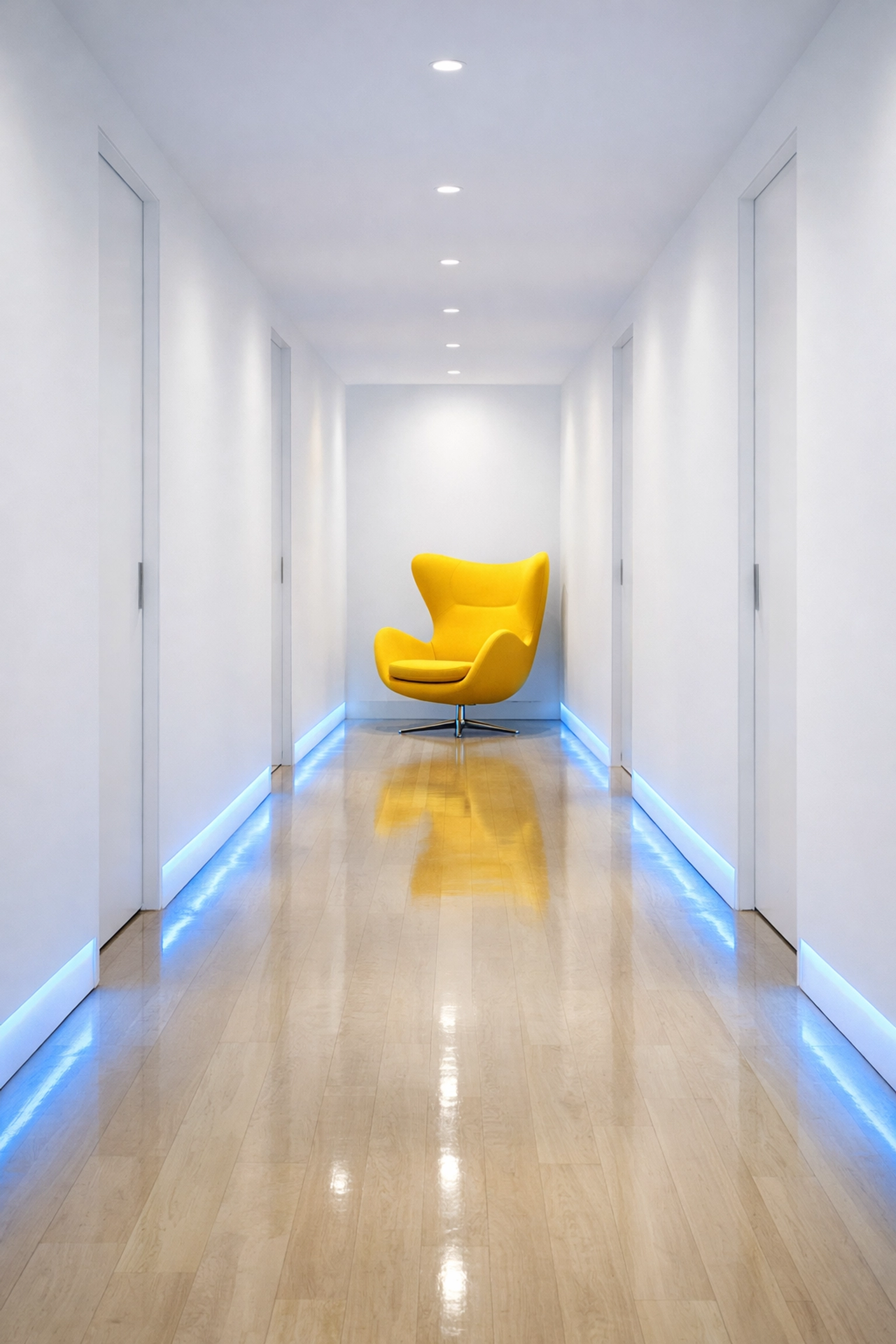 A clean and minimalist spa hallway showcasing a hygienic, high-standard hospitality atmosphere.