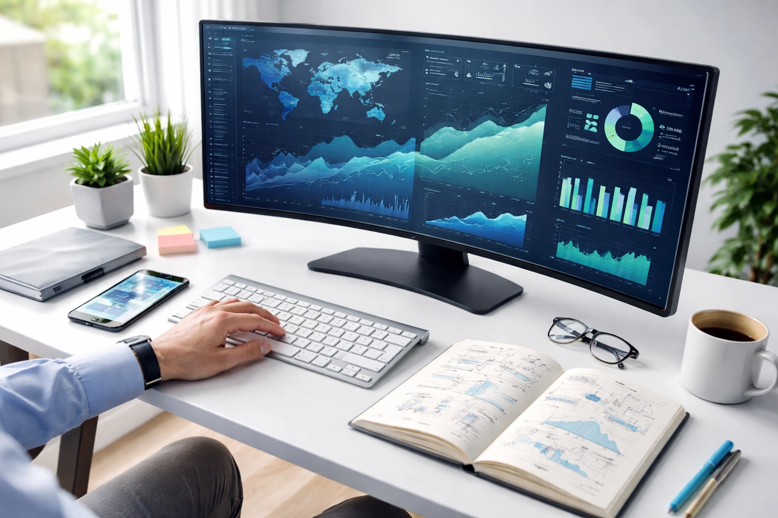 Business strategist reviewing ServiceNow AI Control Tower analytics on a monitor in a bright workspace