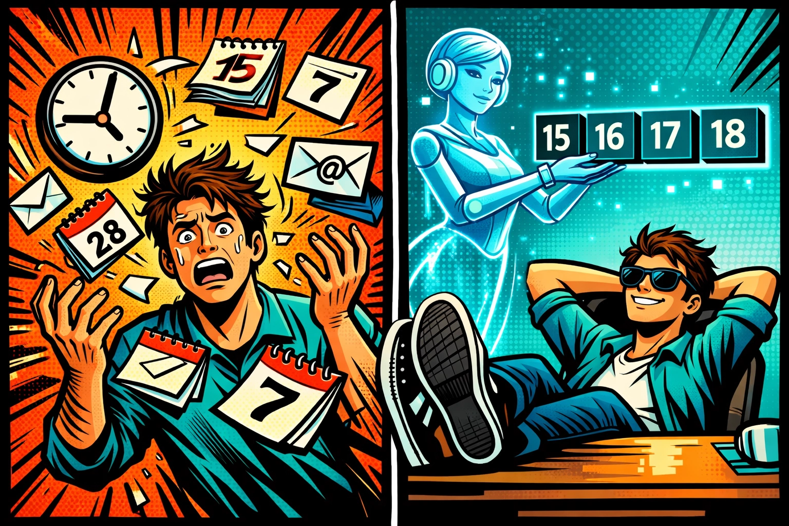 Before and after: manual calendar scheduling chaos versus AI virtual assistant automating meetings