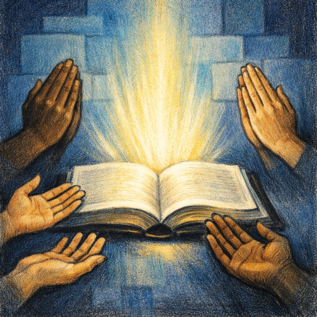 Open Bible with diverse hands reaching toward light representing Assemblies of God Scripture foundation