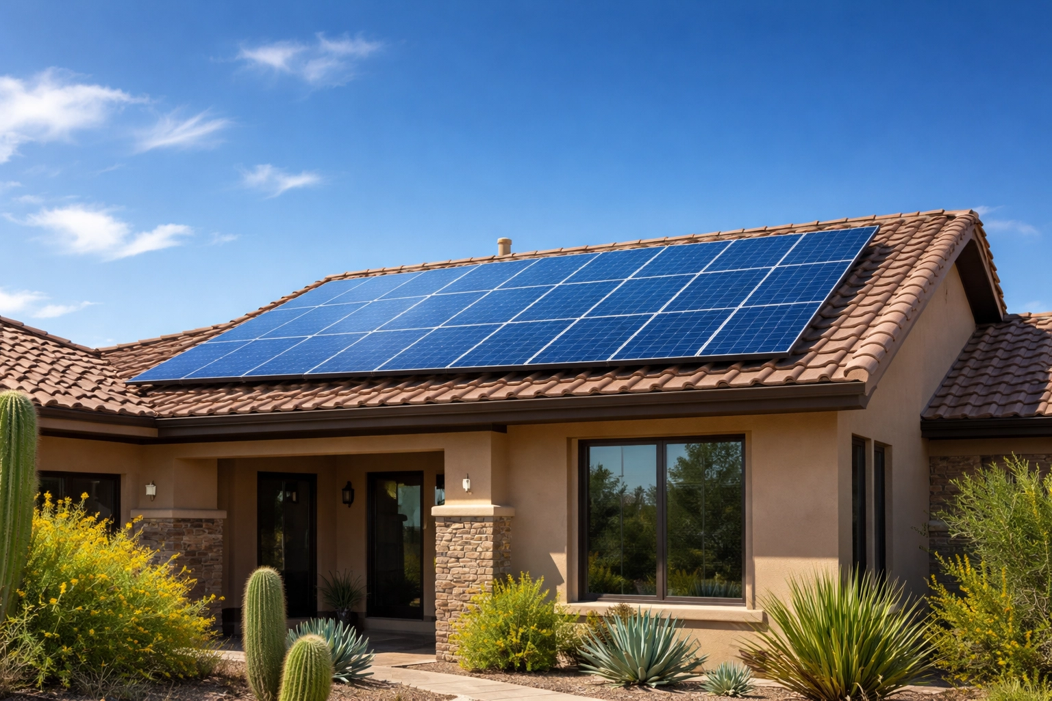 Solar panels on a modern Buckeye home under clear blue Arizona skies, highlighting energy savings for teachers