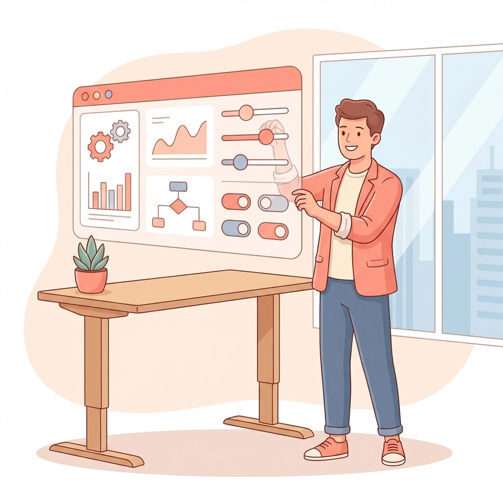 Business owner customizing unified business dashboard for streamlined HR, CRM, and projects workflow.