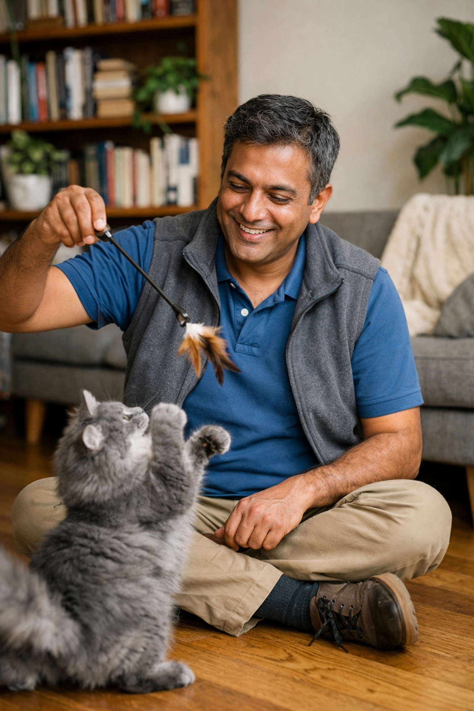 Professional cat sitter in Oakland playing with a grey cat during an in-home pet care visit.