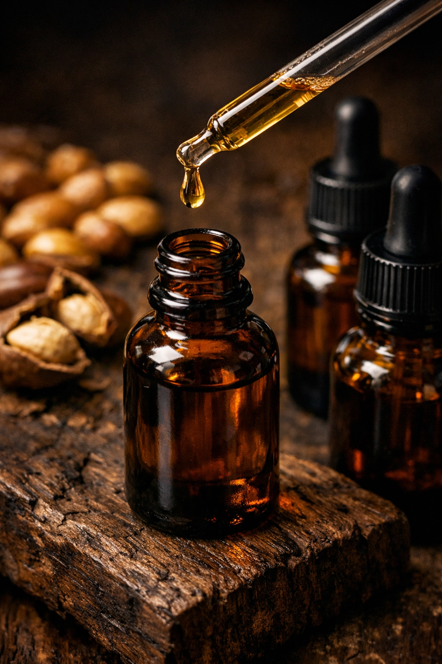 Natural carrier oil ingredients like jojoba and argan in apothecary dropper bottles.