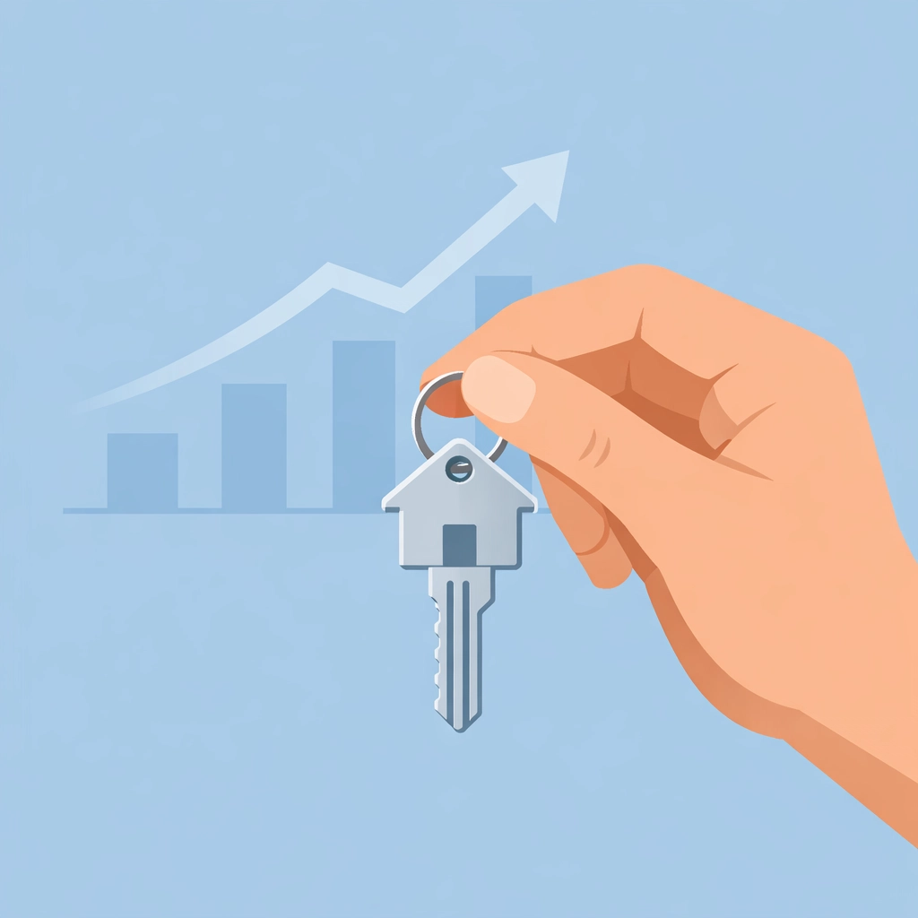Llaves de una casa nueva y gráfica de aumento de crédito, representando el éxito en la compra de un hogar.