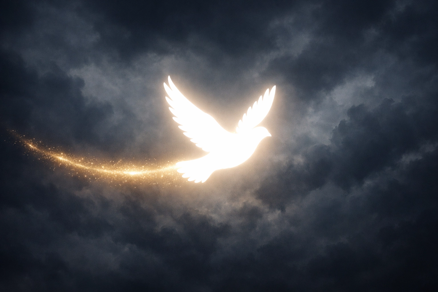 A glowing dove of peace flying through a dark sky, representing a Spirit-led path to de-escalation.