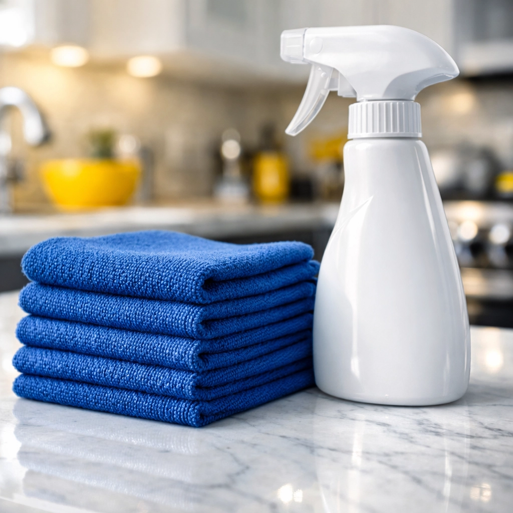 Professional house cleaning Southborough supplies on a gleaming marble kitchen countertop.