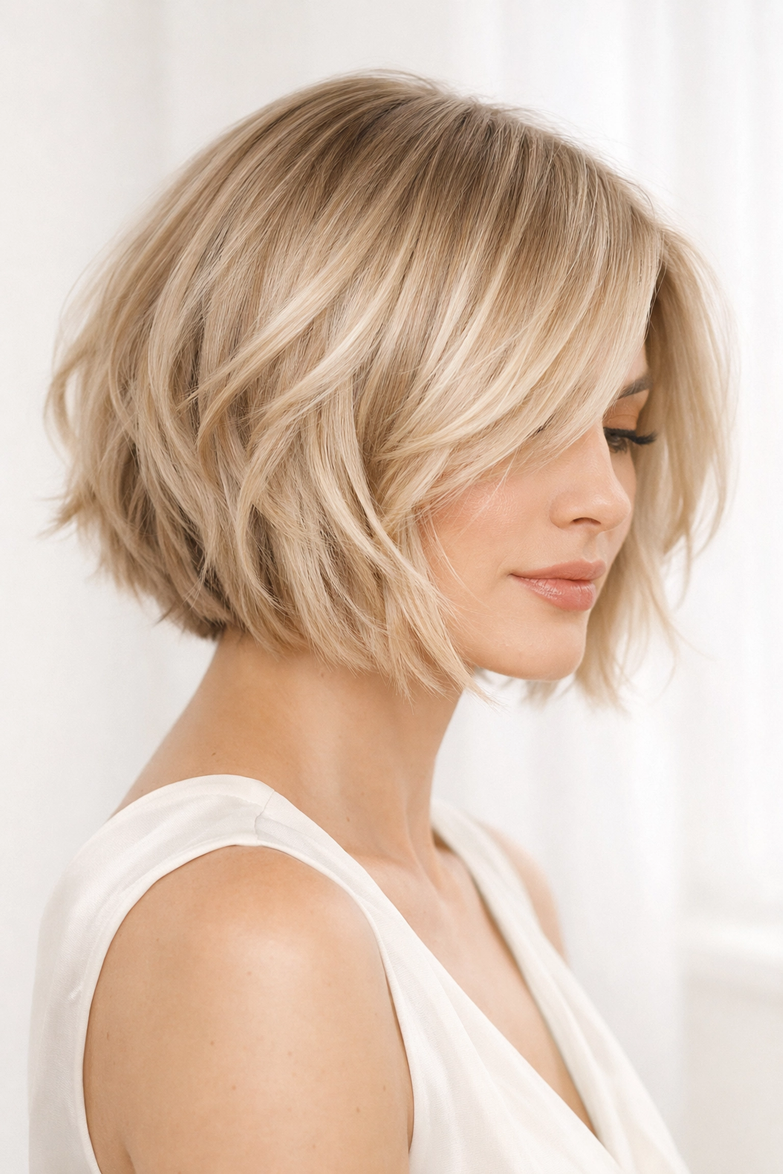 Modern textured bob haircut in almond milk beige blonde, trending spring hair styles in Concord NH.