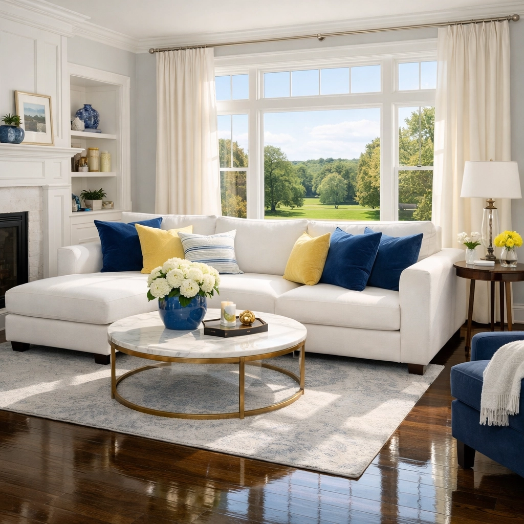 Spotless modern living room showing the results of professional house cleaning Townsend MA.