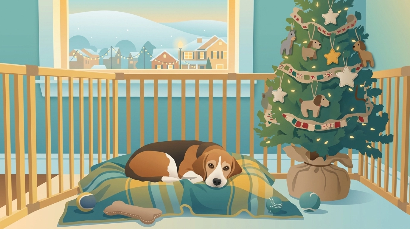 A dog sleeping on his bed next to the Christmas tree. 