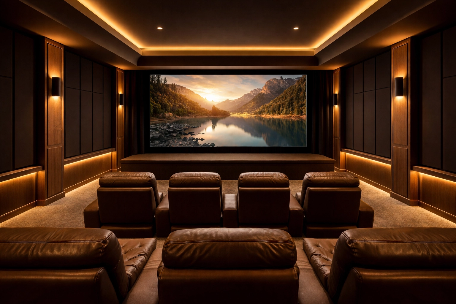 Luxury home theater in Minneapolis featuring plush seating, ambient lighting, and an immersive cinema setup