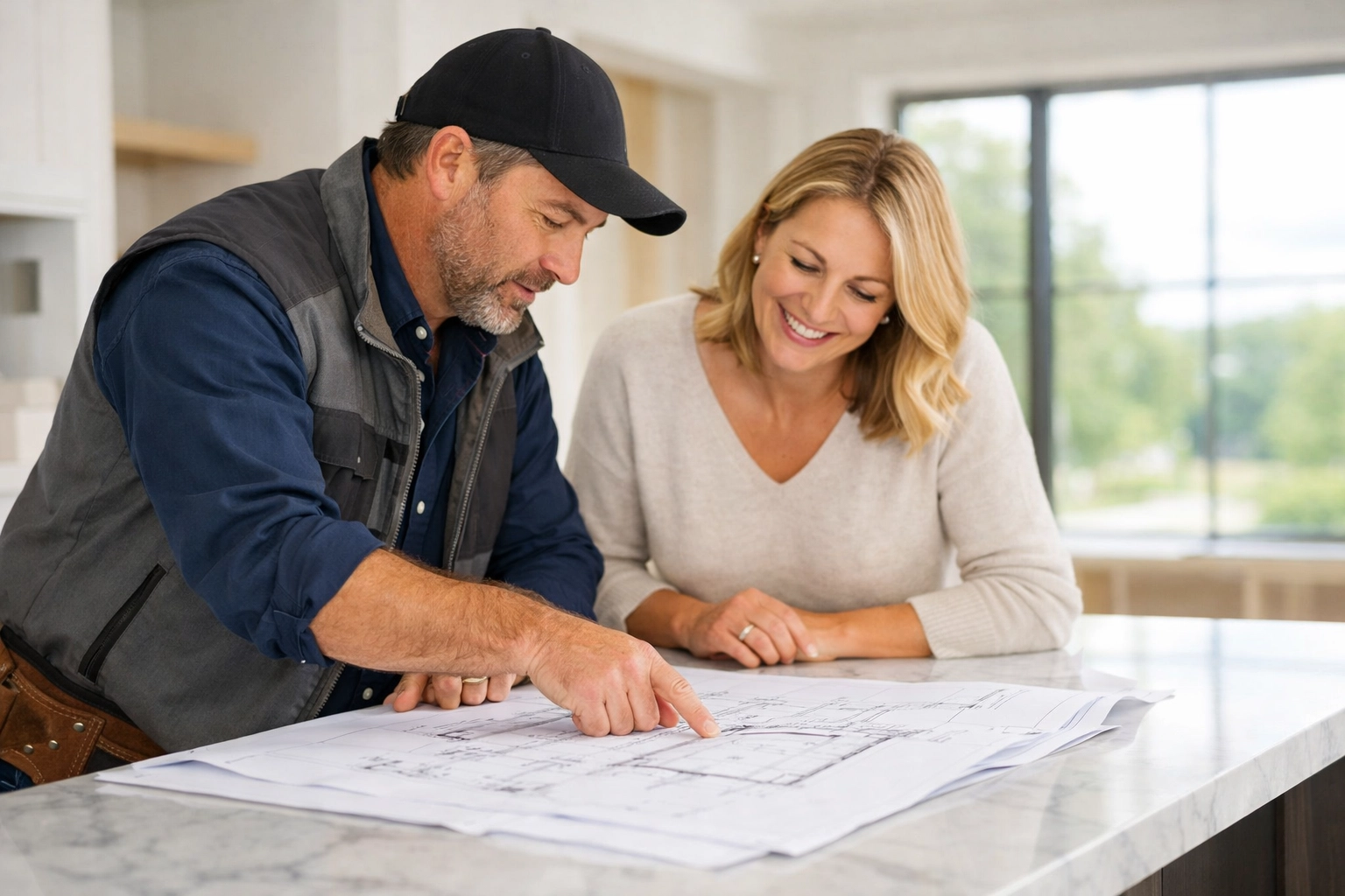 Custom home builders in Ontario reviewing blueprints with a client for a collaborative building process.