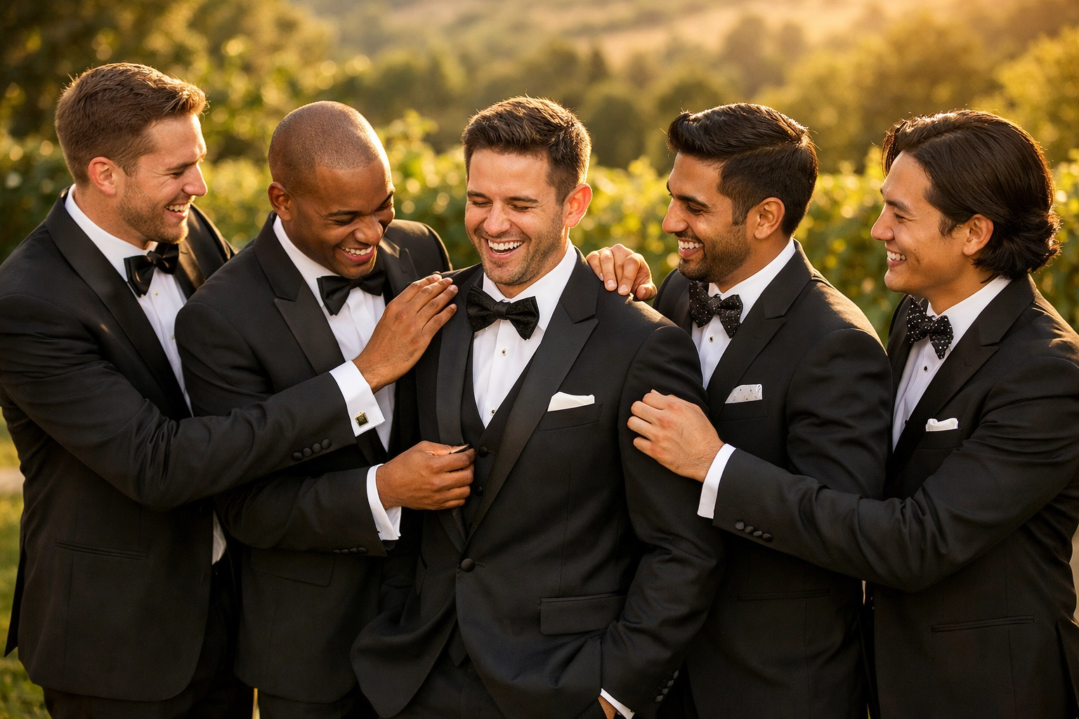 Five groomsmen in coordinated black tuxedos with varied bow ties outdoors at wedding venue