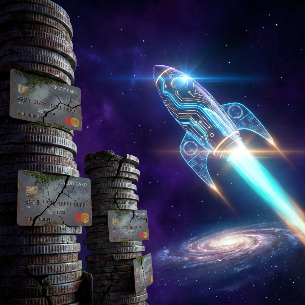 A futuristic rocket symbolizing Larecoin innovation blasts past old, crumbling payment gateways, highlighting disruption in Web3 payment solutions.