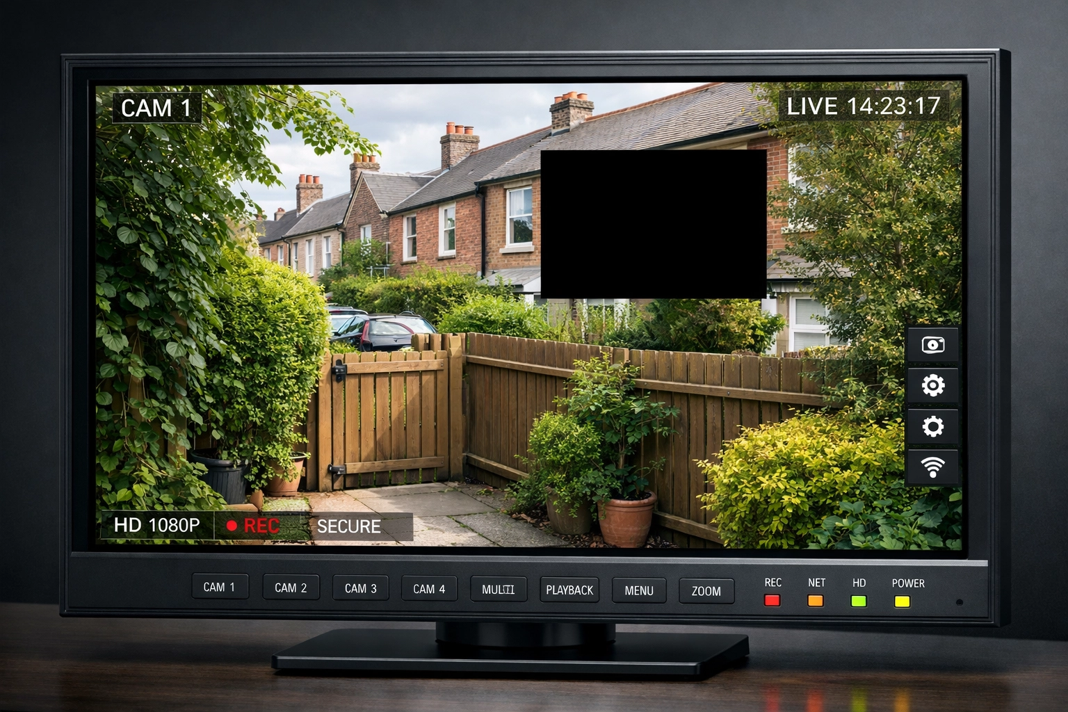 Security monitor using privacy masking on a neighbour's window to meet UK CCTV privacy regulations.