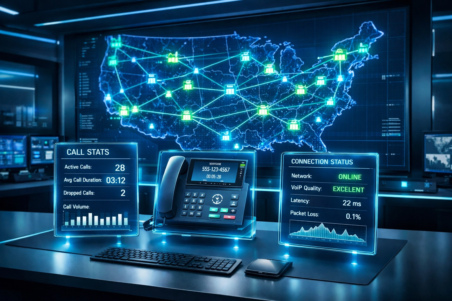 Nationwide VoIP network map showing multi-location business connectivity across the United States