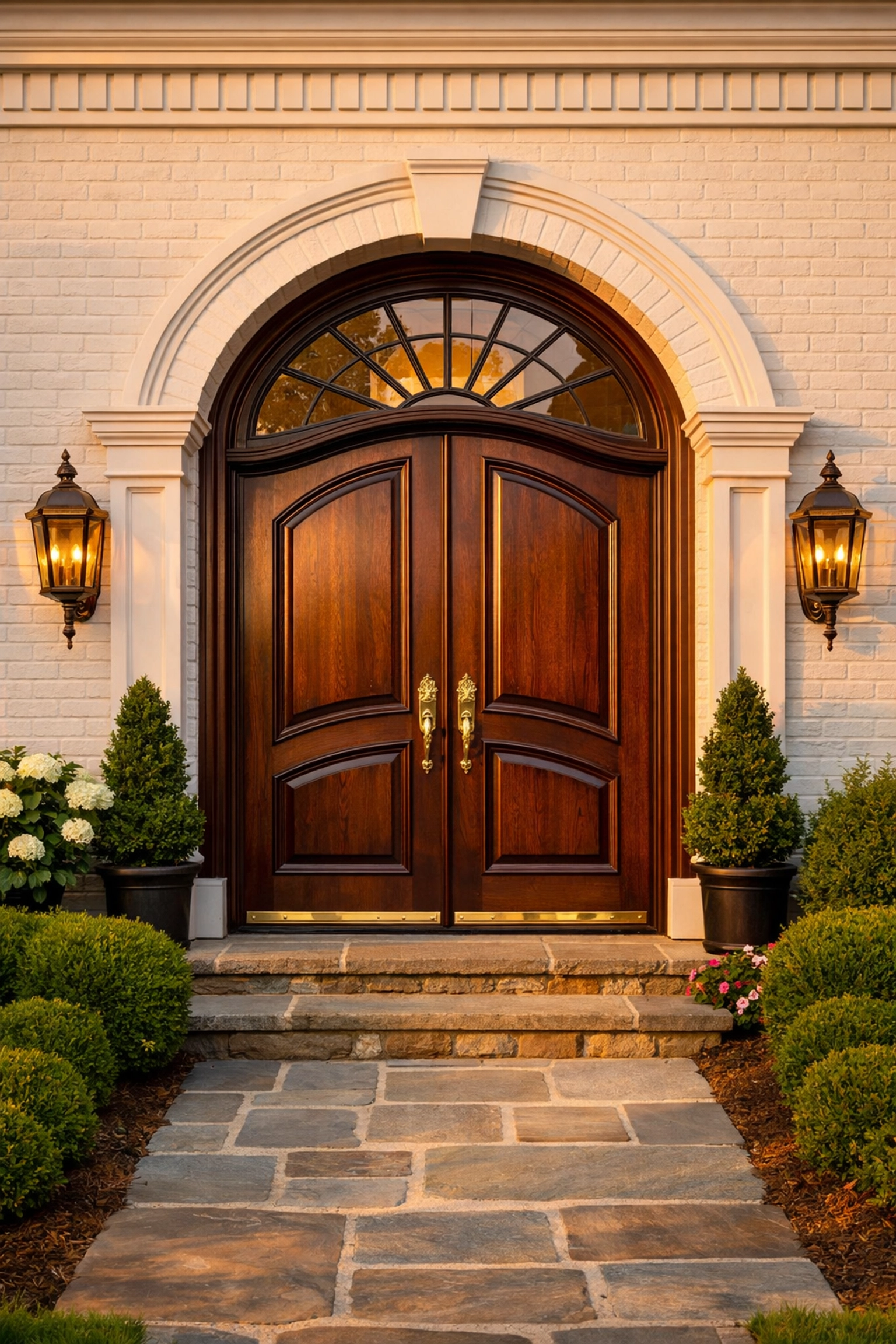 Arched mahogany front door with custom white moulding on a New Jersey colonial home entryway.