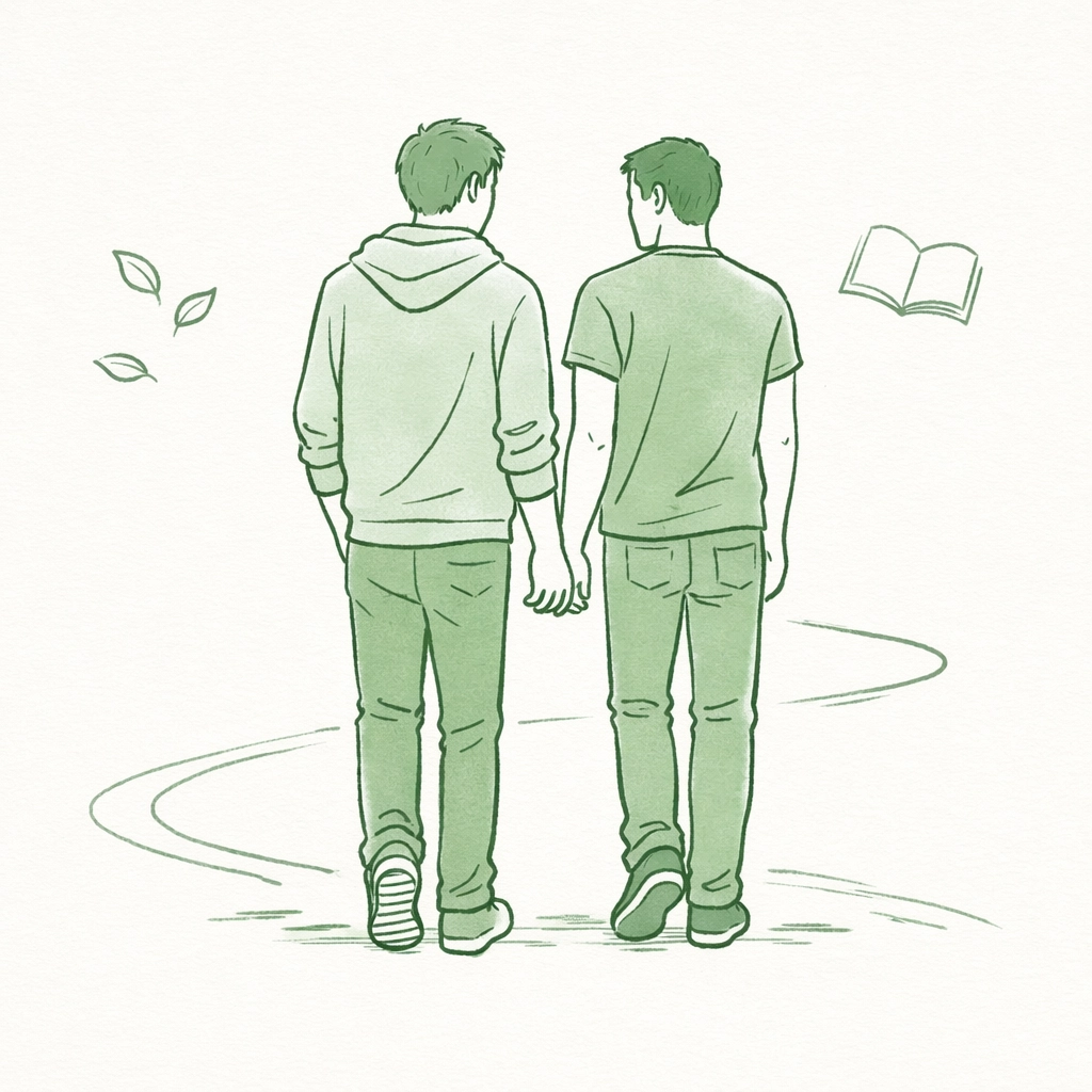 Minimalist art of two men walking together, capturing the slow-burn emotional intimacy of MM romance books.