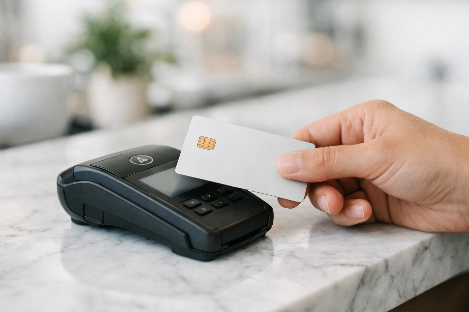 Secure contactless payment transaction at a cafe using a credit card and digital reader.
