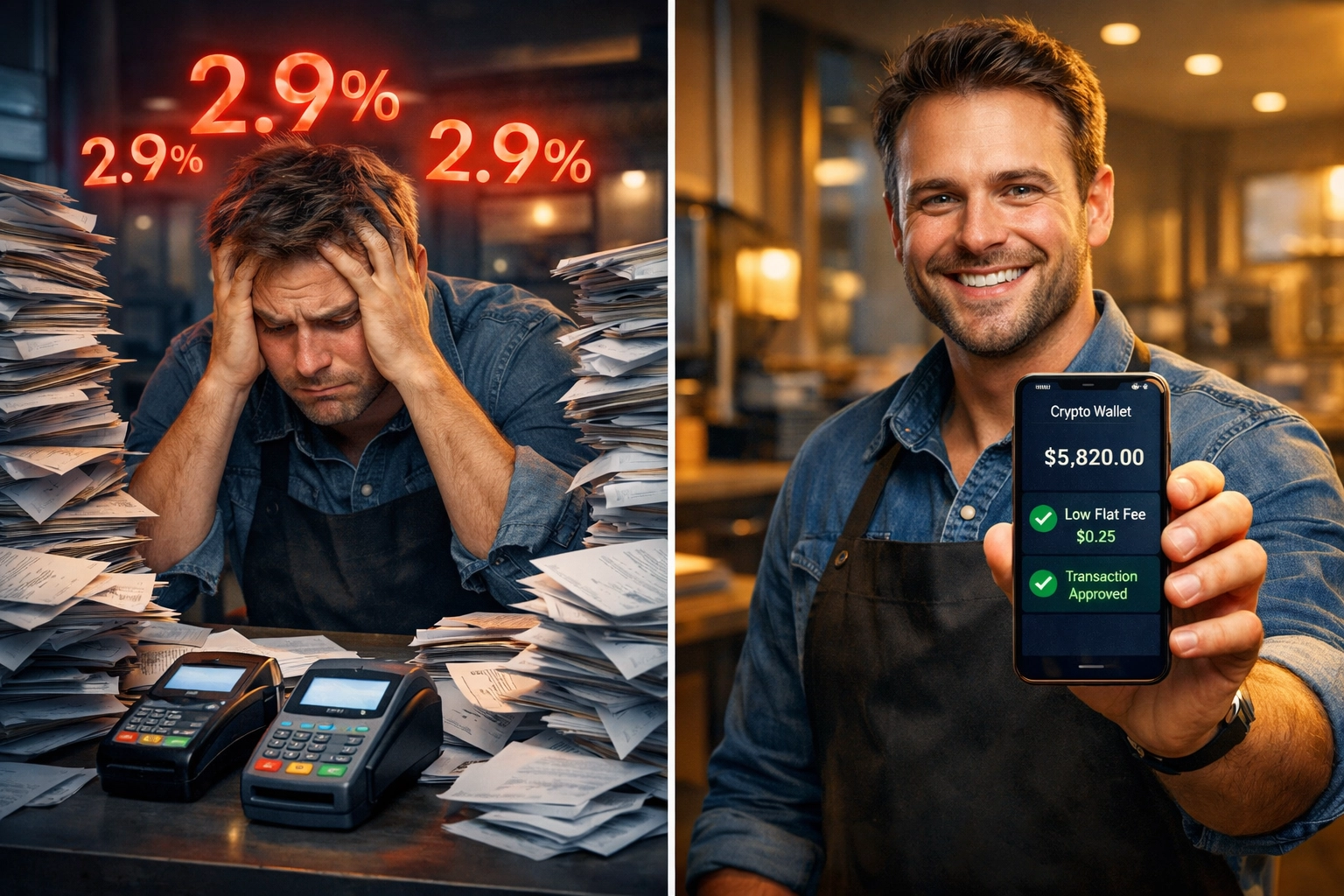 Merchant comparing high traditional interchange fees versus low-cost crypto payment processing