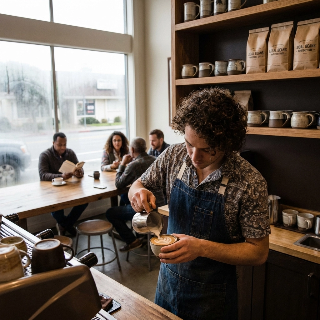Barista prepares a latte at Acme Coffee in Seaside, highlighting Monterey’s friendly local café culture.
