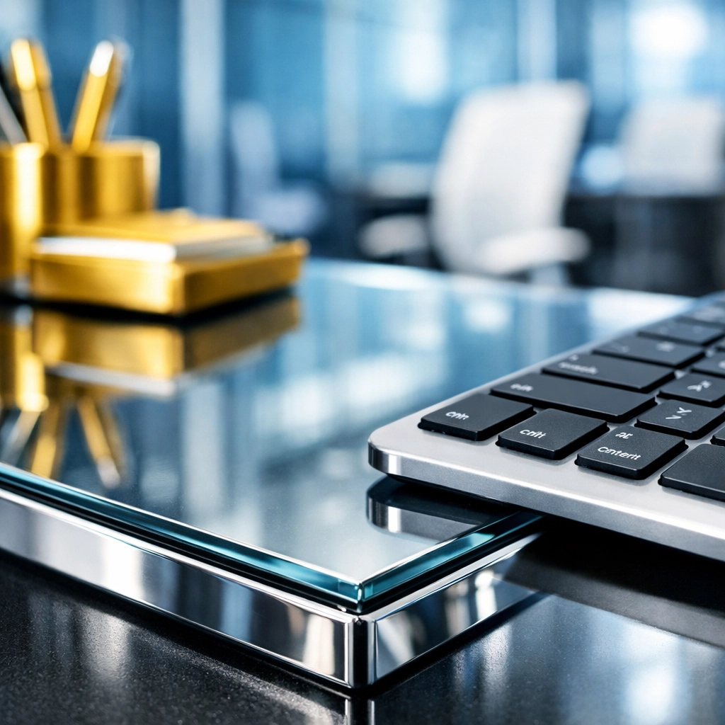 Sanitized workstation with a dust-free glass desk, highlighting professional office cleaning precision.