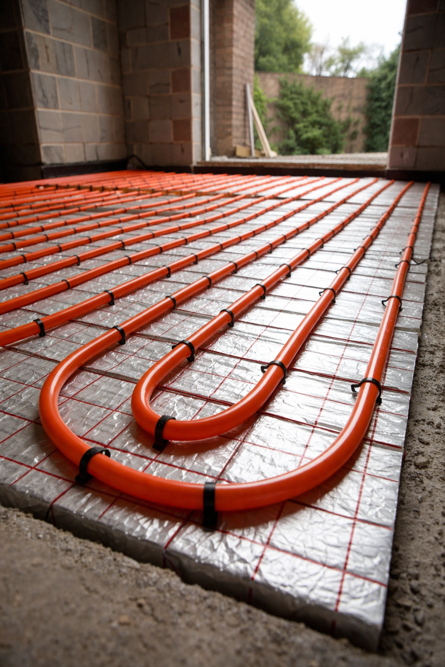 Underfloor heating pipes being installed during a kitchen extension build in East London