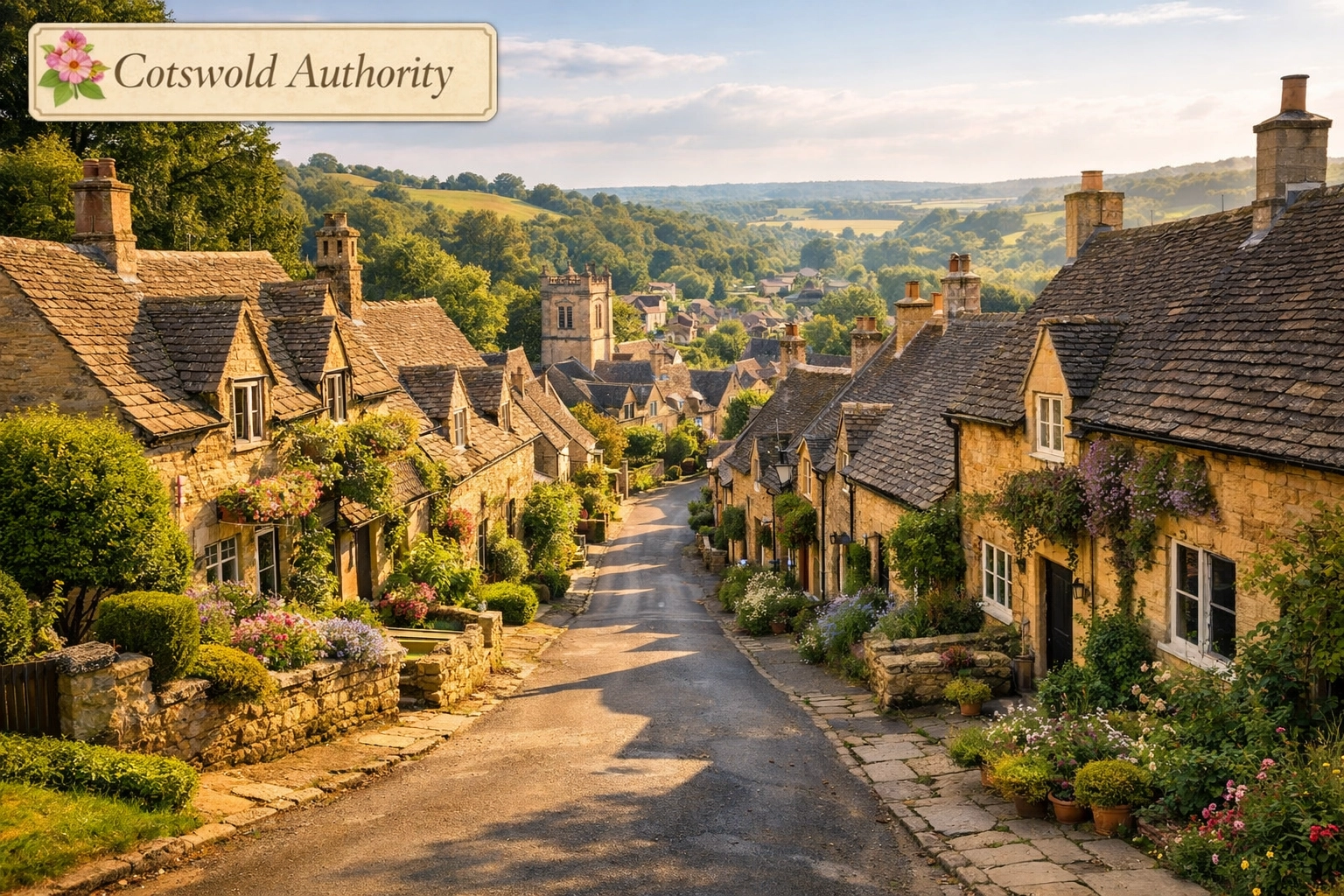 Scenic view of honey-colored stone cottages and gardens in Bourton-on-the-Water.