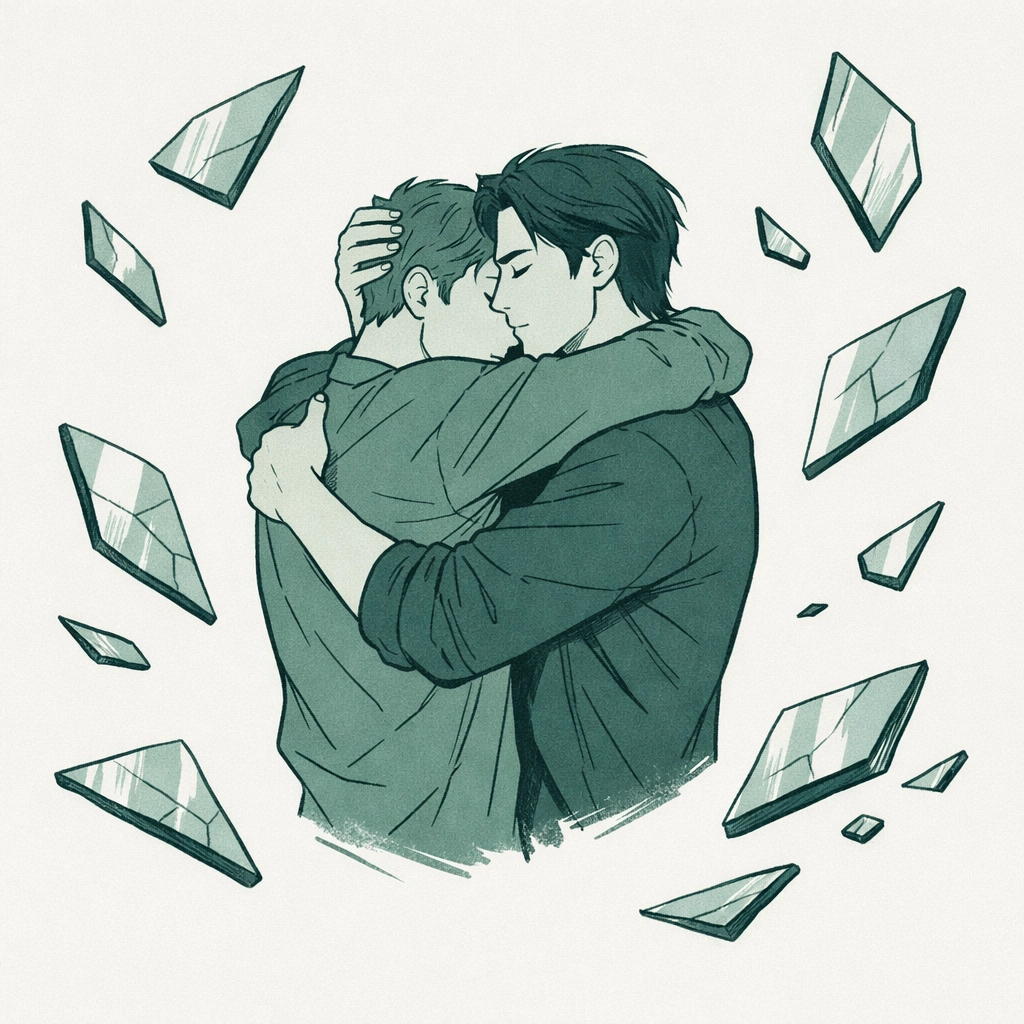MM romance and horror: two men embrace protectively surrounded by shattered mirror fragments