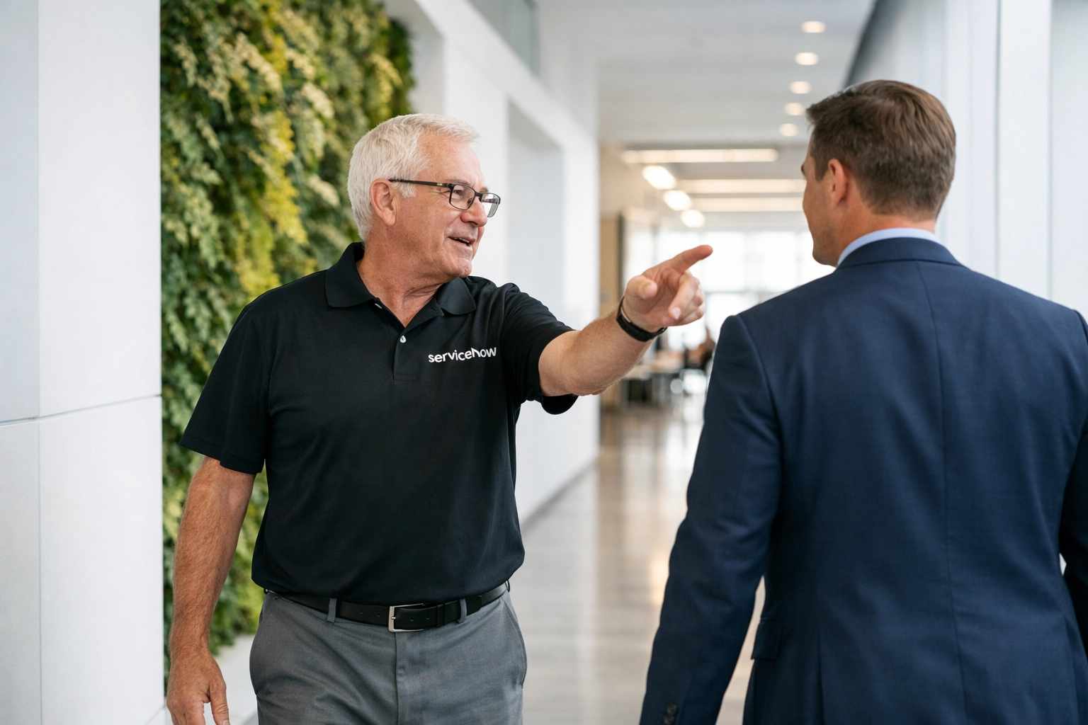 ServiceNow implementation partner guiding a business leader through a modern tech office corridor.