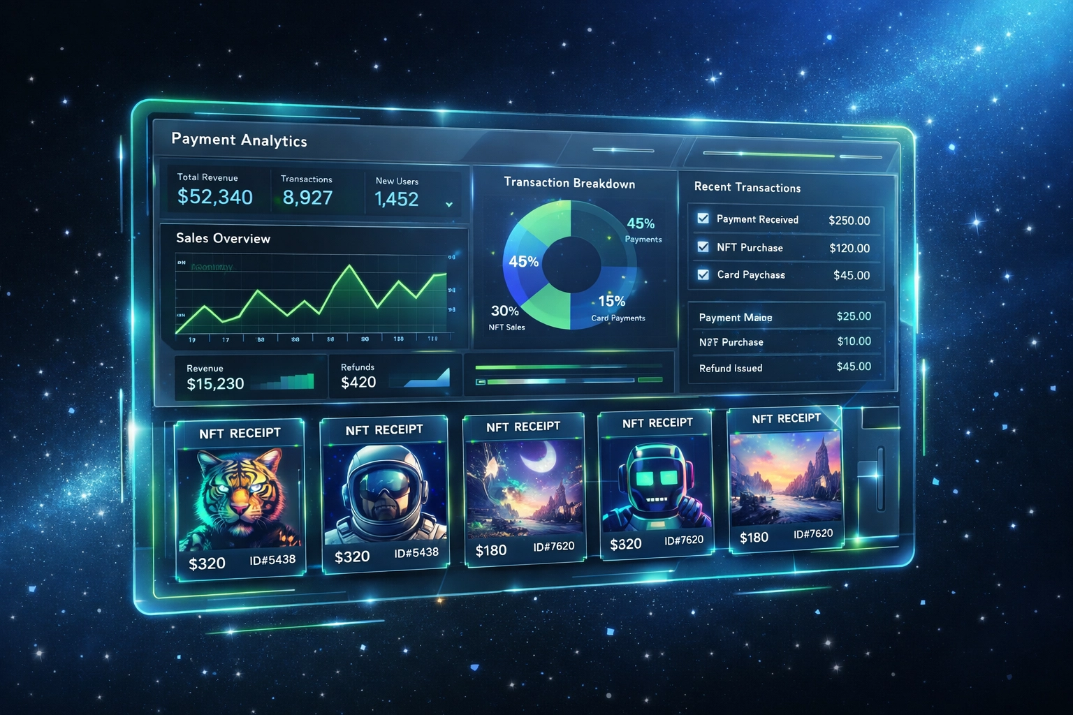 Crypto merchant dashboard showing NFT receipts and payment analytics