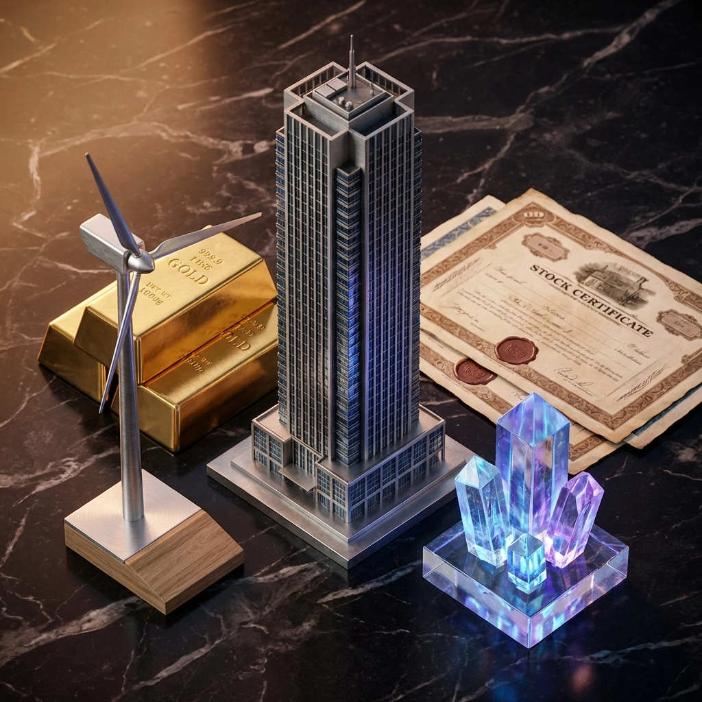 Collection of investment assets including real estate, gold, and digital, illustrating alternatives in a diverse portfolio.