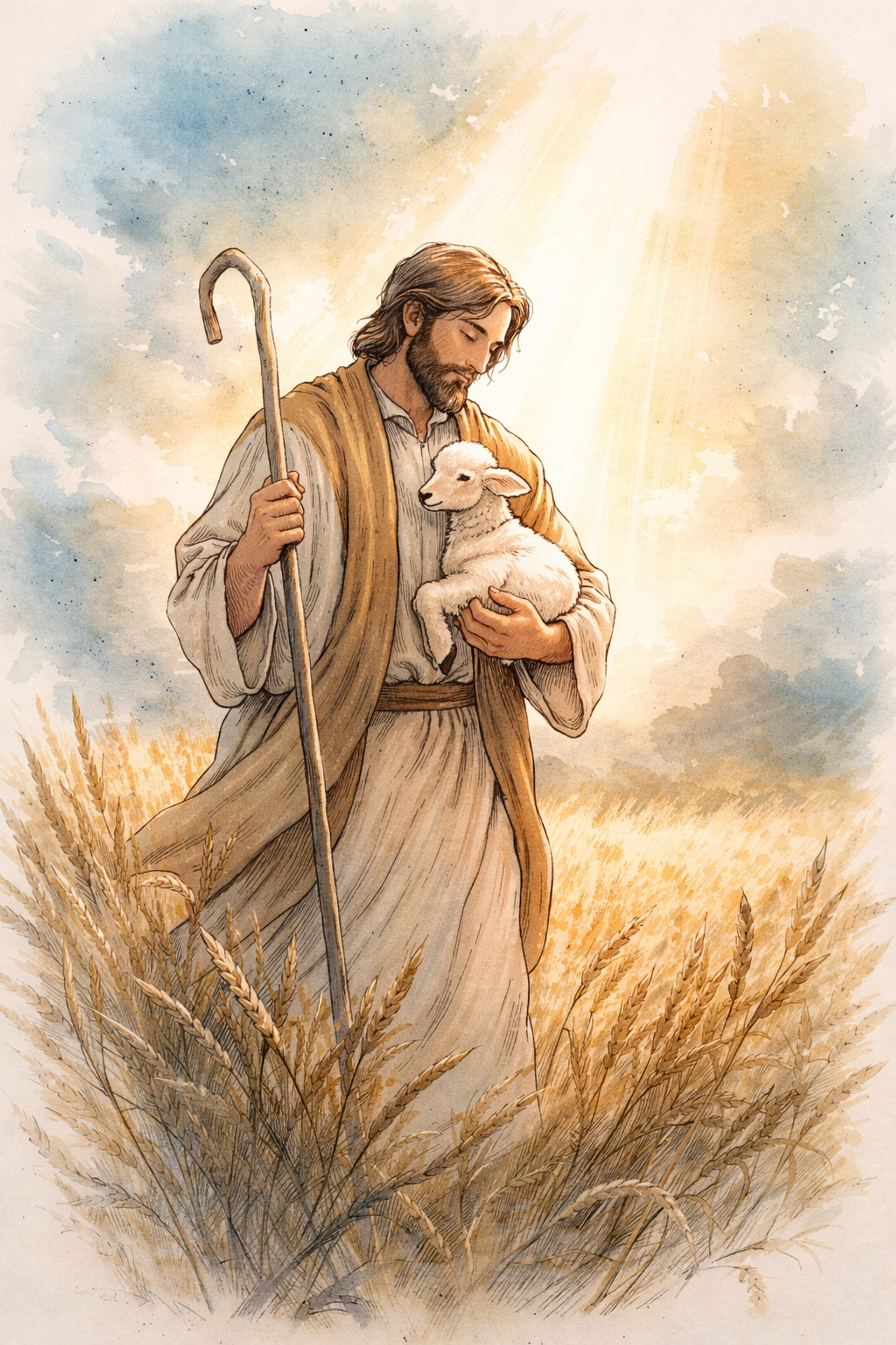 Hand-drawn illustration of a shepherd holding a lamb in a golden field, symbolizing Christian pastoral care and spiritual guidance.