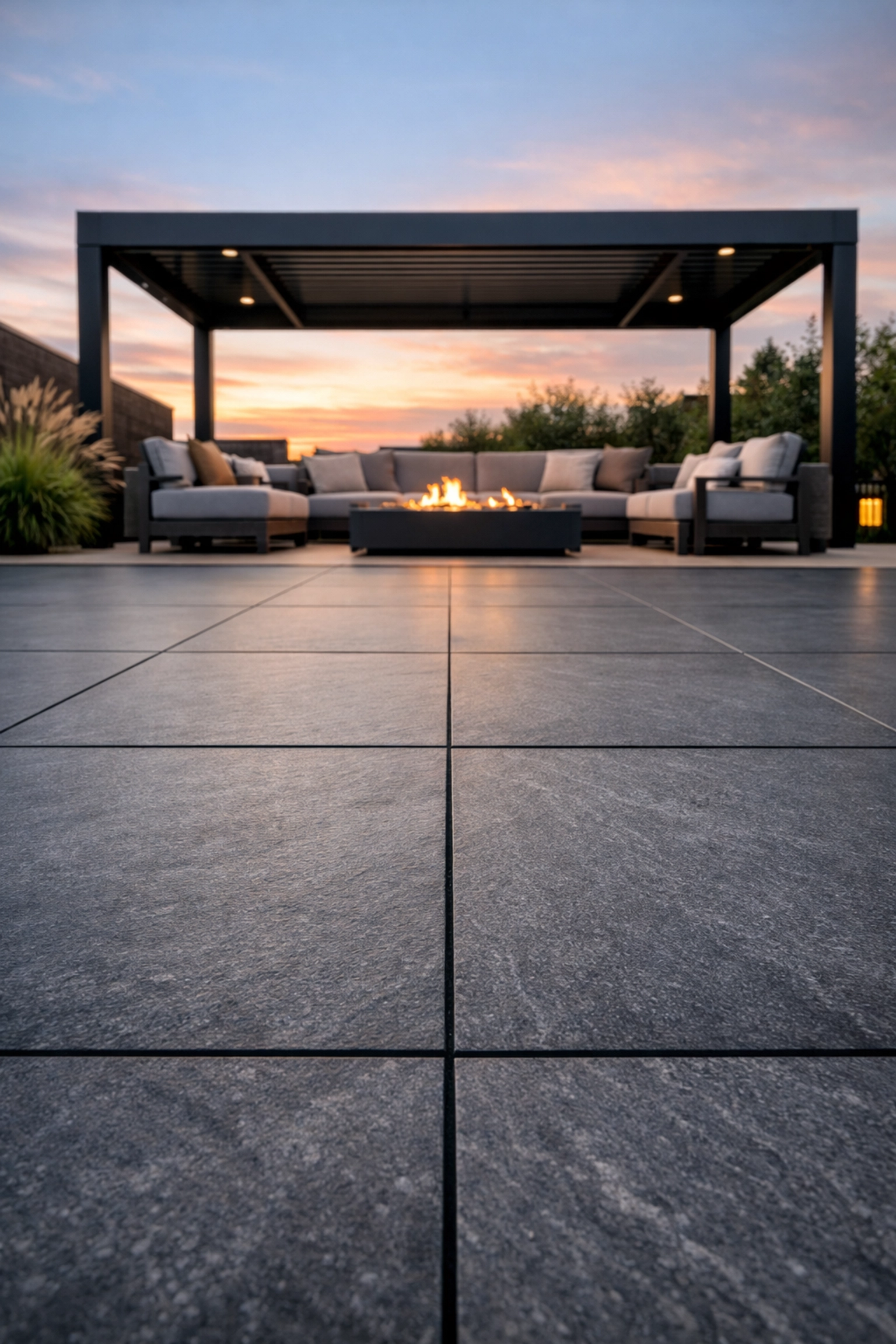 Modern anthracite porcelain patio with precision grout lines and outdoor seating in Cardiff.
