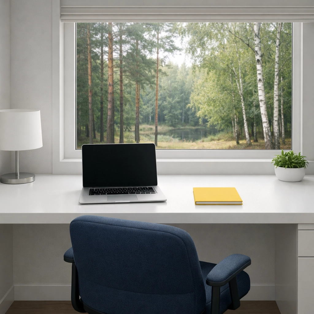 A dust-free home office in Sherborn with a clean desk, maintained by a professional weekly house cleaning service.