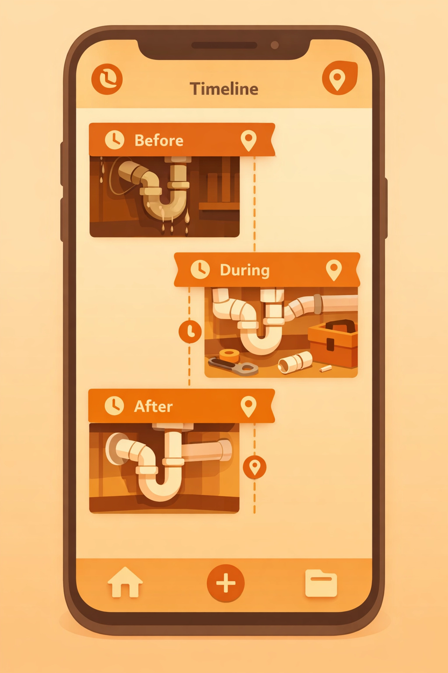 Photo timeline app showing before and after photos of plumbing job with timestamps and GPS tags