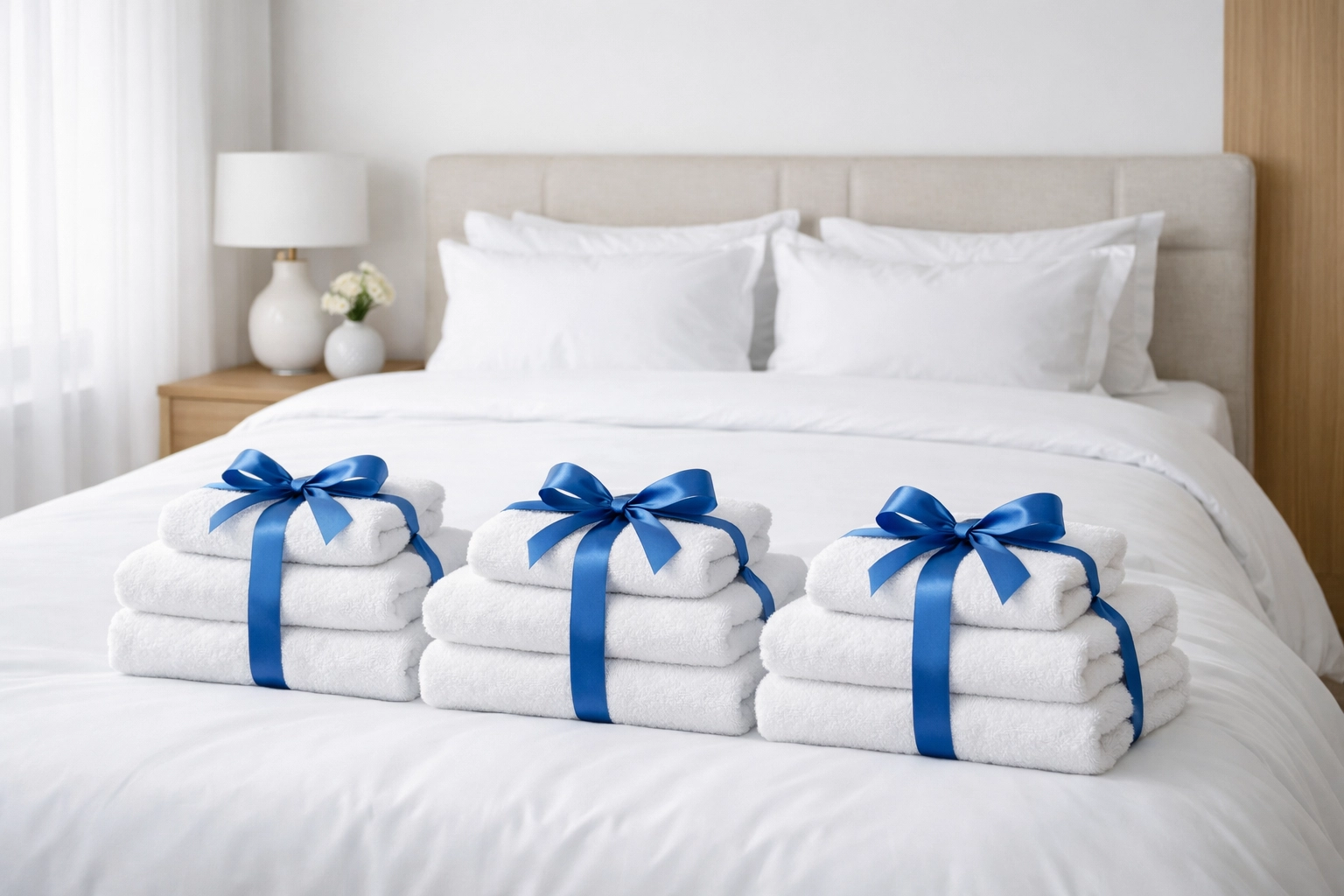 Crisp white linens and stacked towels on an Airbnb bed showing professional linen management.