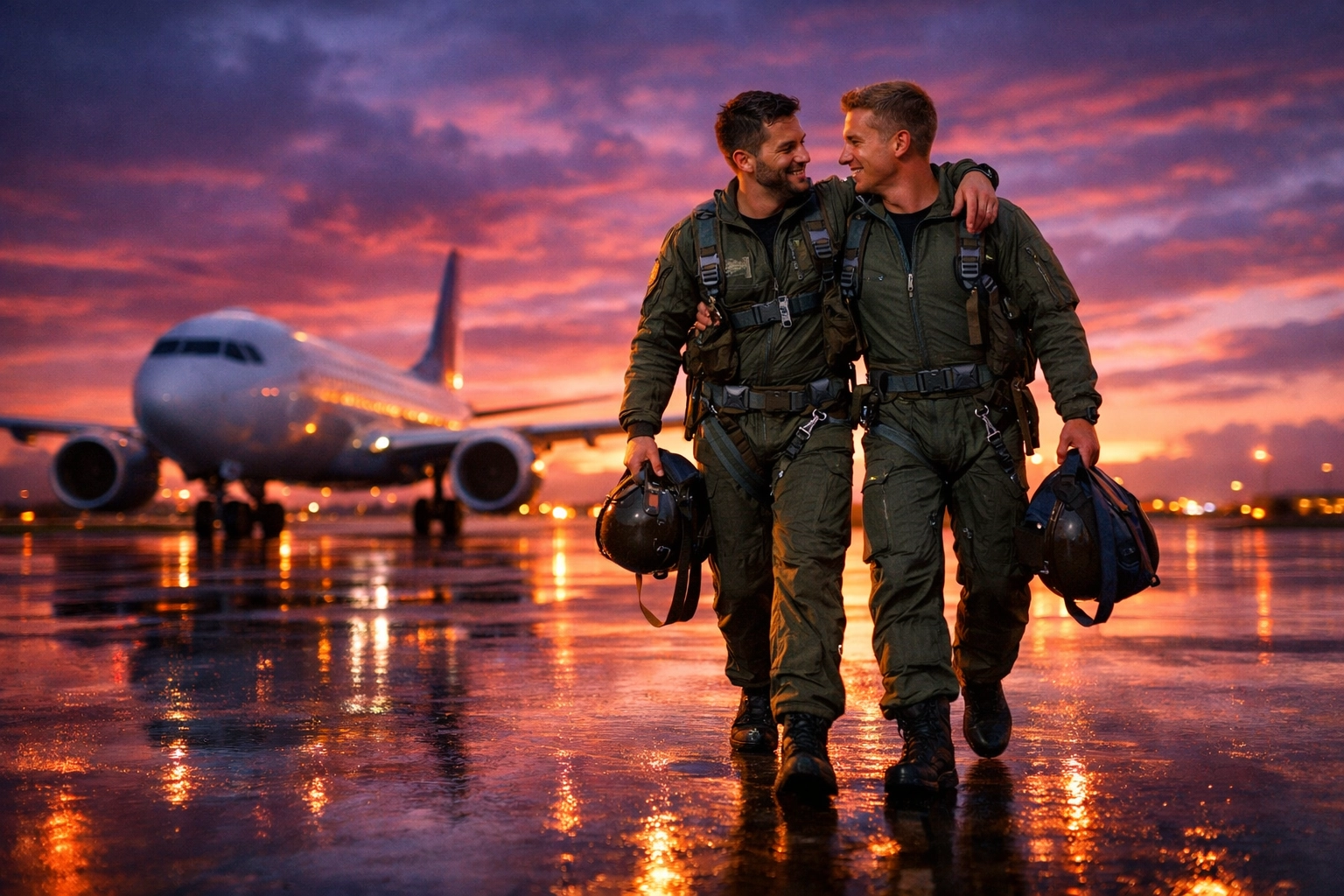 Two male pilots share a moment on airport tarmac - gay romance inspiration