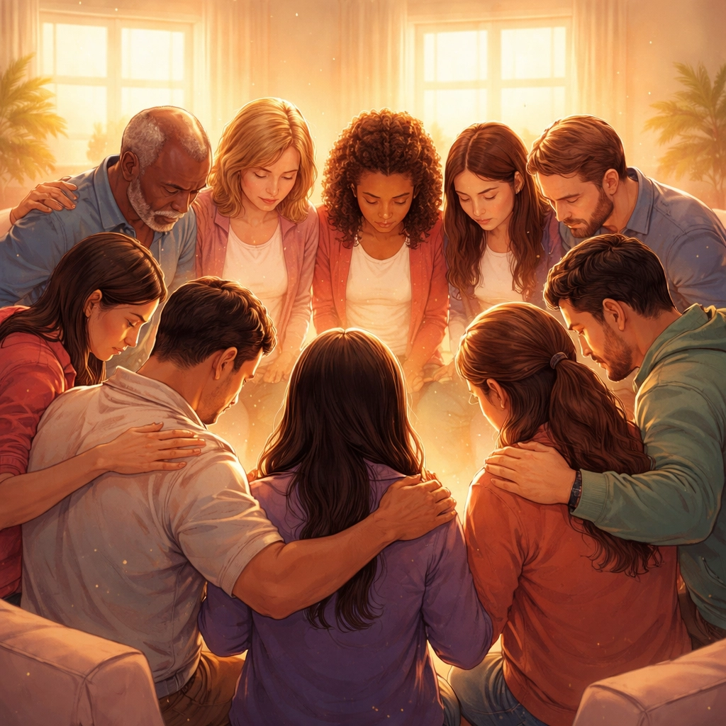 Diverse people holding hands and praying in a circle, showing community support and spiritual connection in healing.