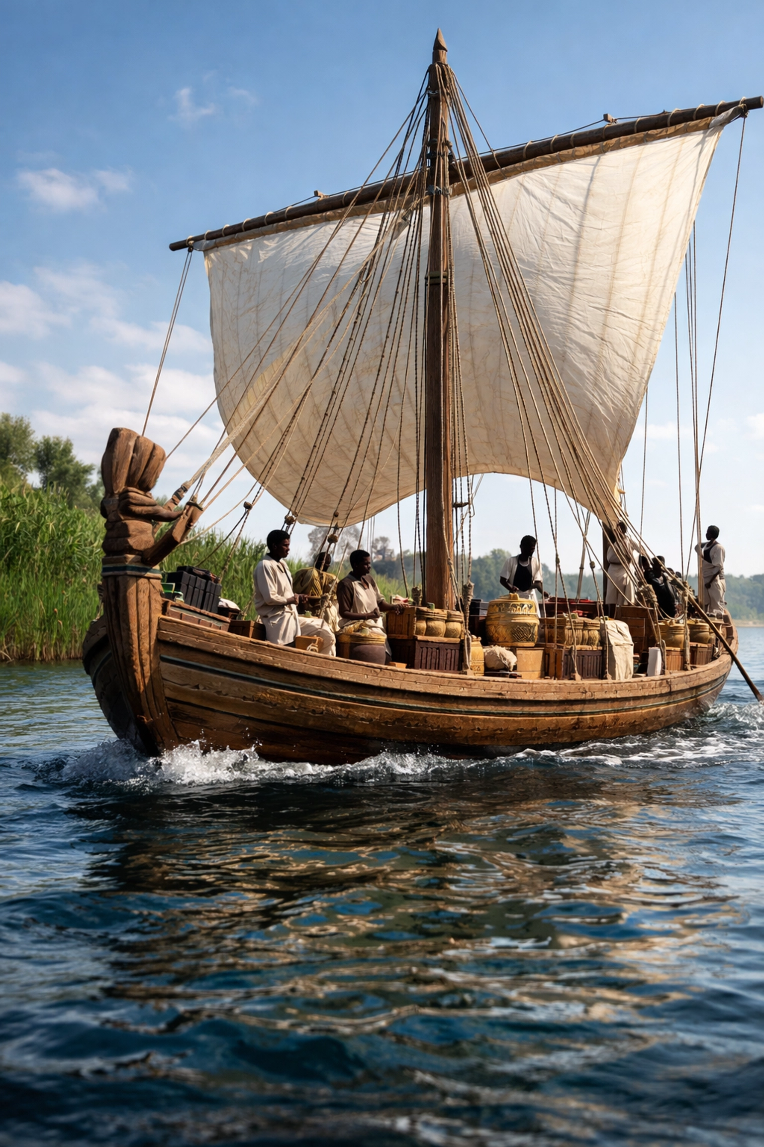 7 Ancient Kemet Innovations That Prove Black Excellence Has Always Been the Standard Ancient Egyptian trading ship on the Nile River, illustrating Kemet maritime trade and global Black entrepreneurship.