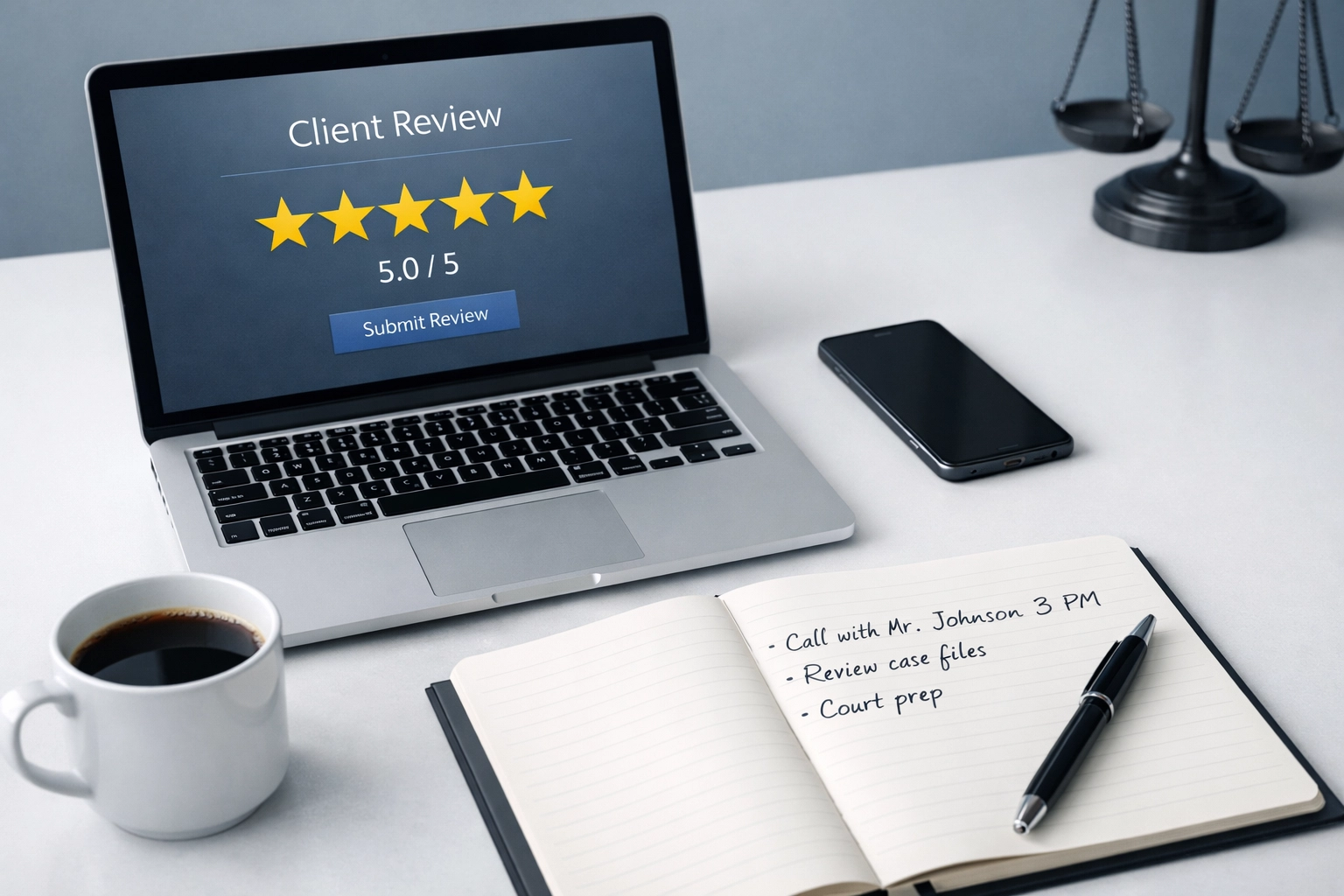 Attorney reviewing five-star client reviews on laptop for reputation management