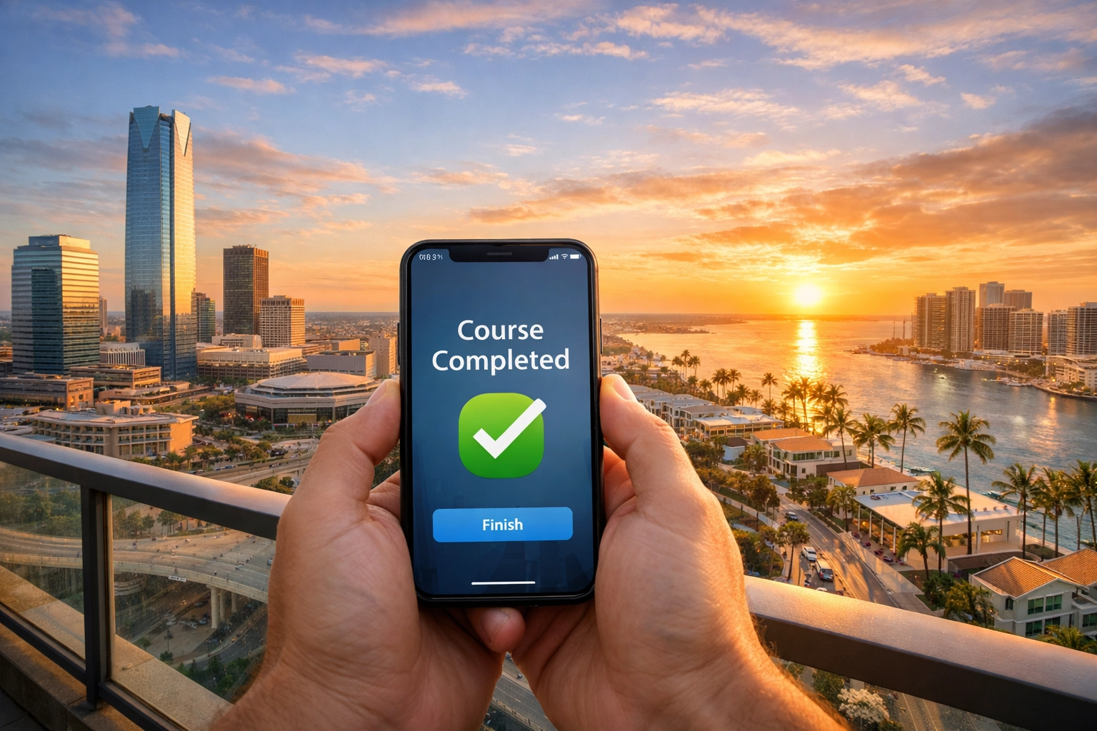 A student finishing Oklahoma pre-licensing courses on a mobile device overlooking a city skyline.