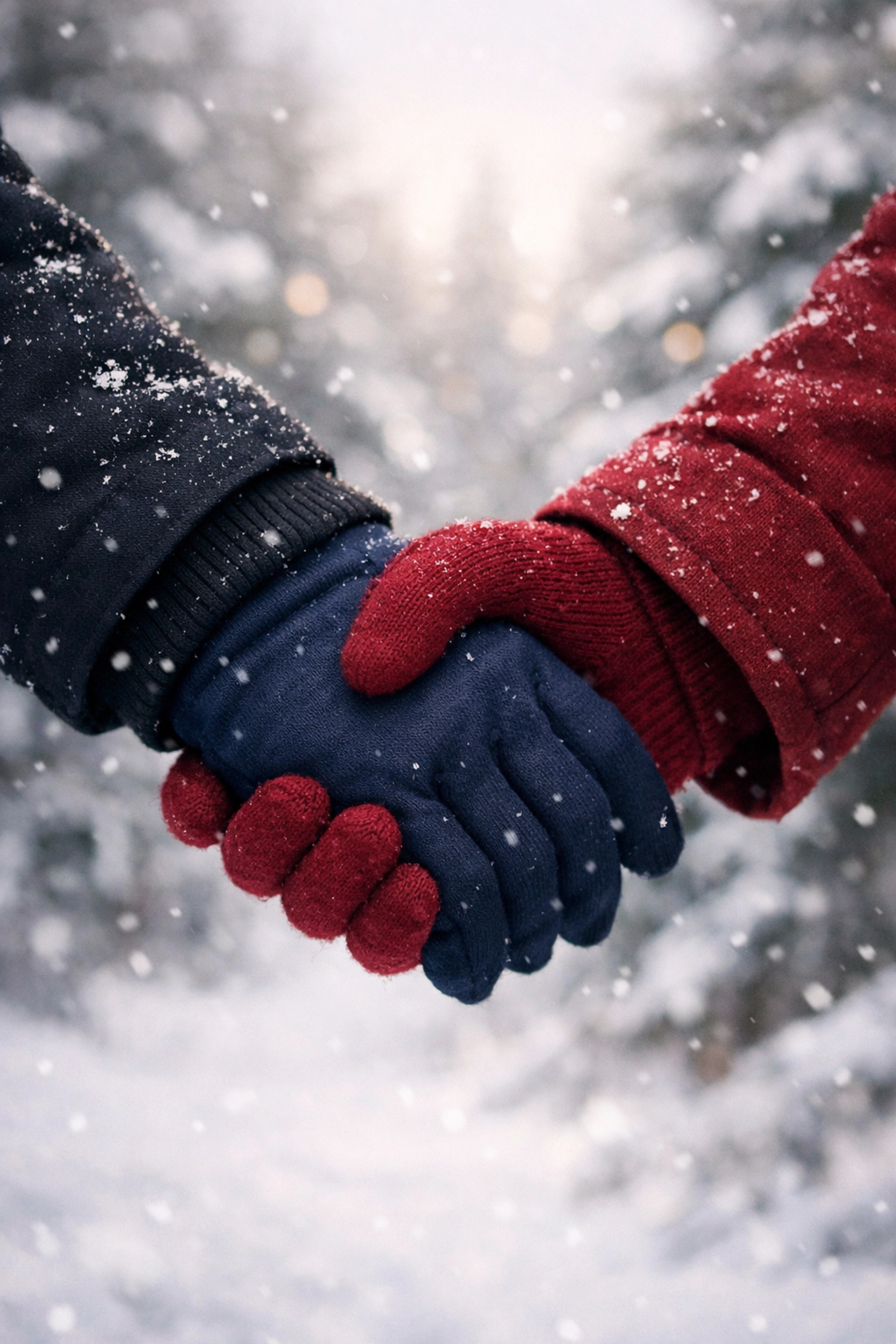 Gay couple holding hands while snowshoeing in winter forest