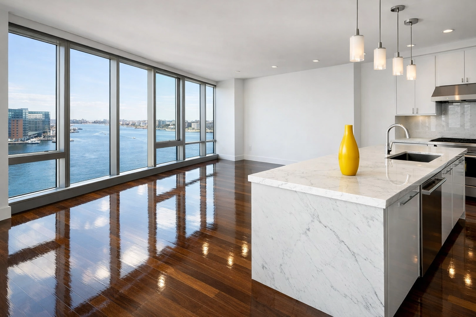 Pristine Seaport District condo featuring gleaming floors after a professional move-in deep cleaning in Boston.