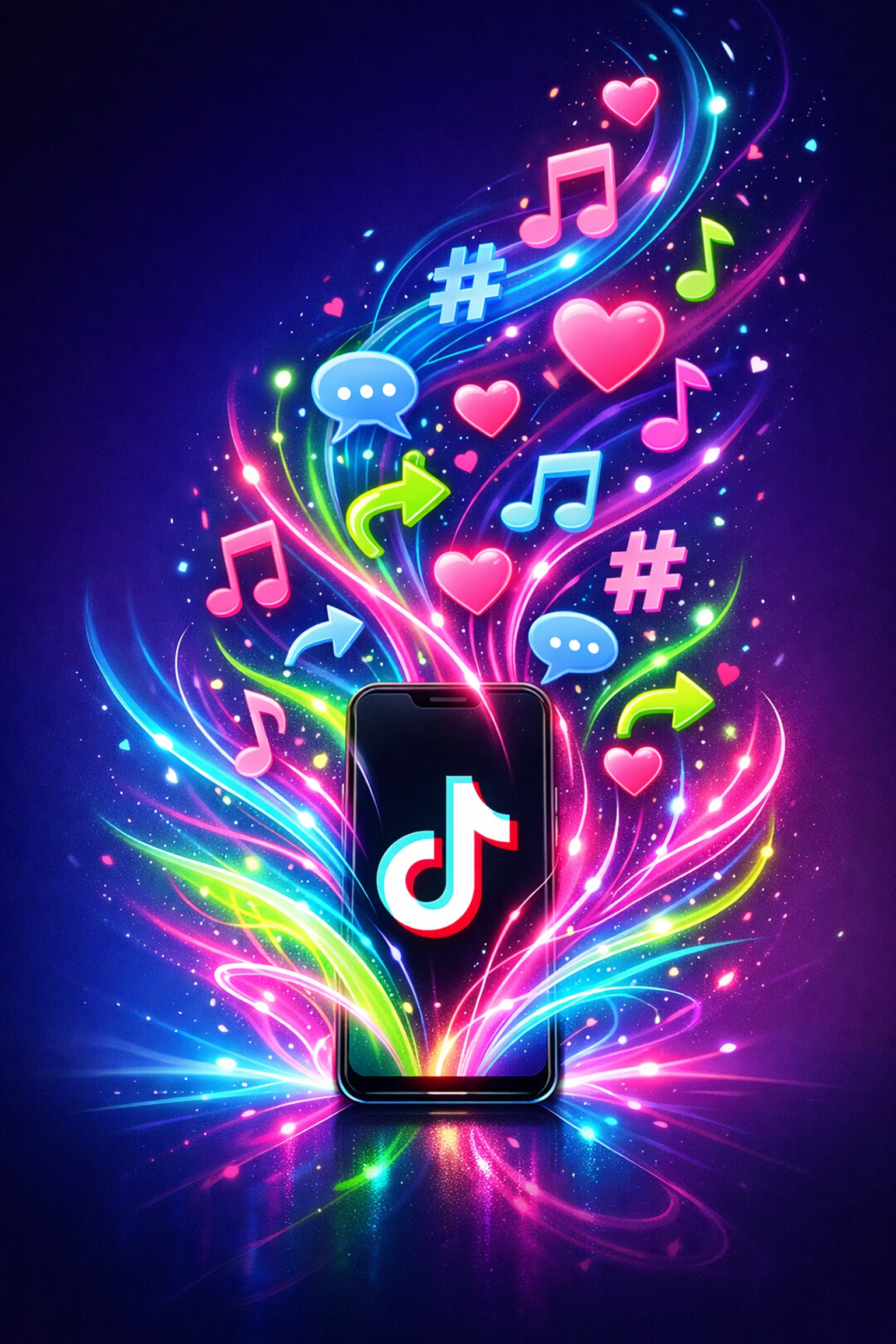 Ondes sonores TikTok transformées en symboles d'engagement viral : musique, hashtags et interactions