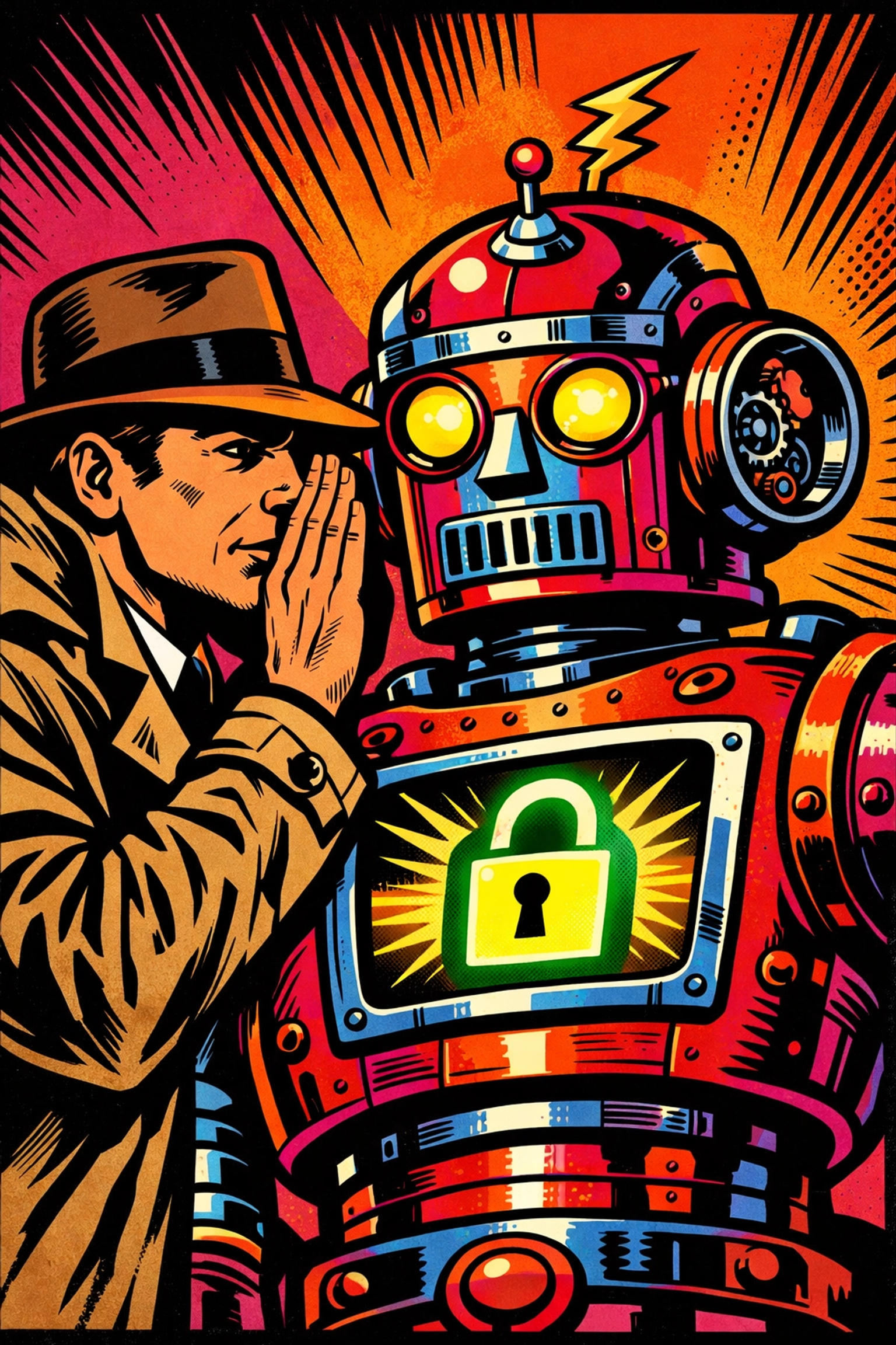 A detective whispering to a robot with an unlocked chest, illustrating AI security and data privacy risks.