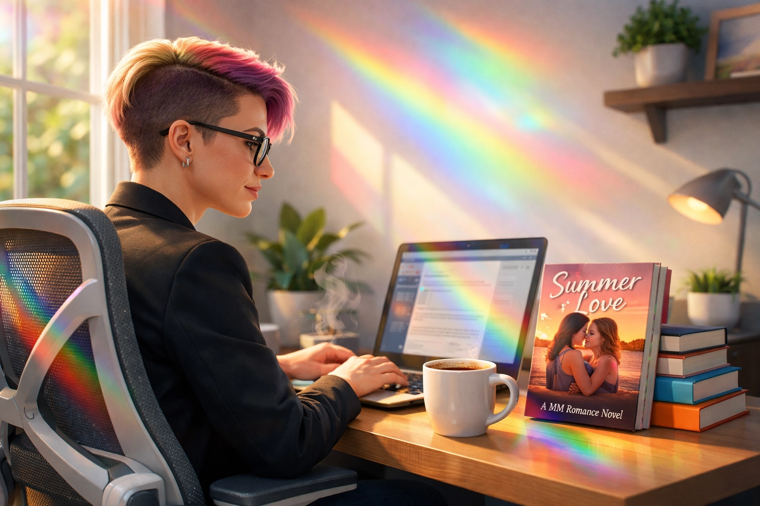 A lesbian professional studying at a home office desk with a laptop and MM romance books for market research.